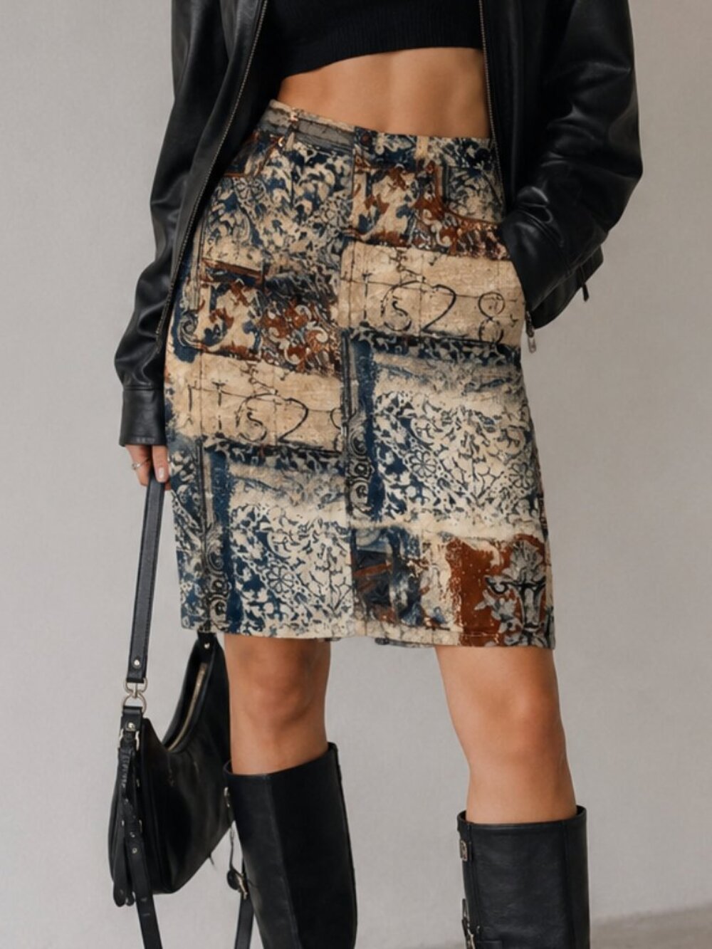 Karen Kane Vintage Chic Patchwork Denim Pencil Skirt Indie Grunge Retro Boho 6